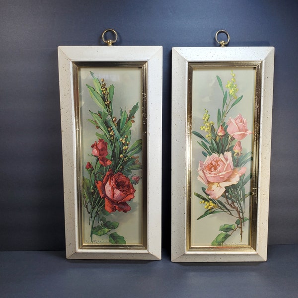 vintage Flower Print Ensemble de 2 roses rouges roses Floral Print White Gold Framed Floral Art Print Wall Decor Turner Mfg Co.