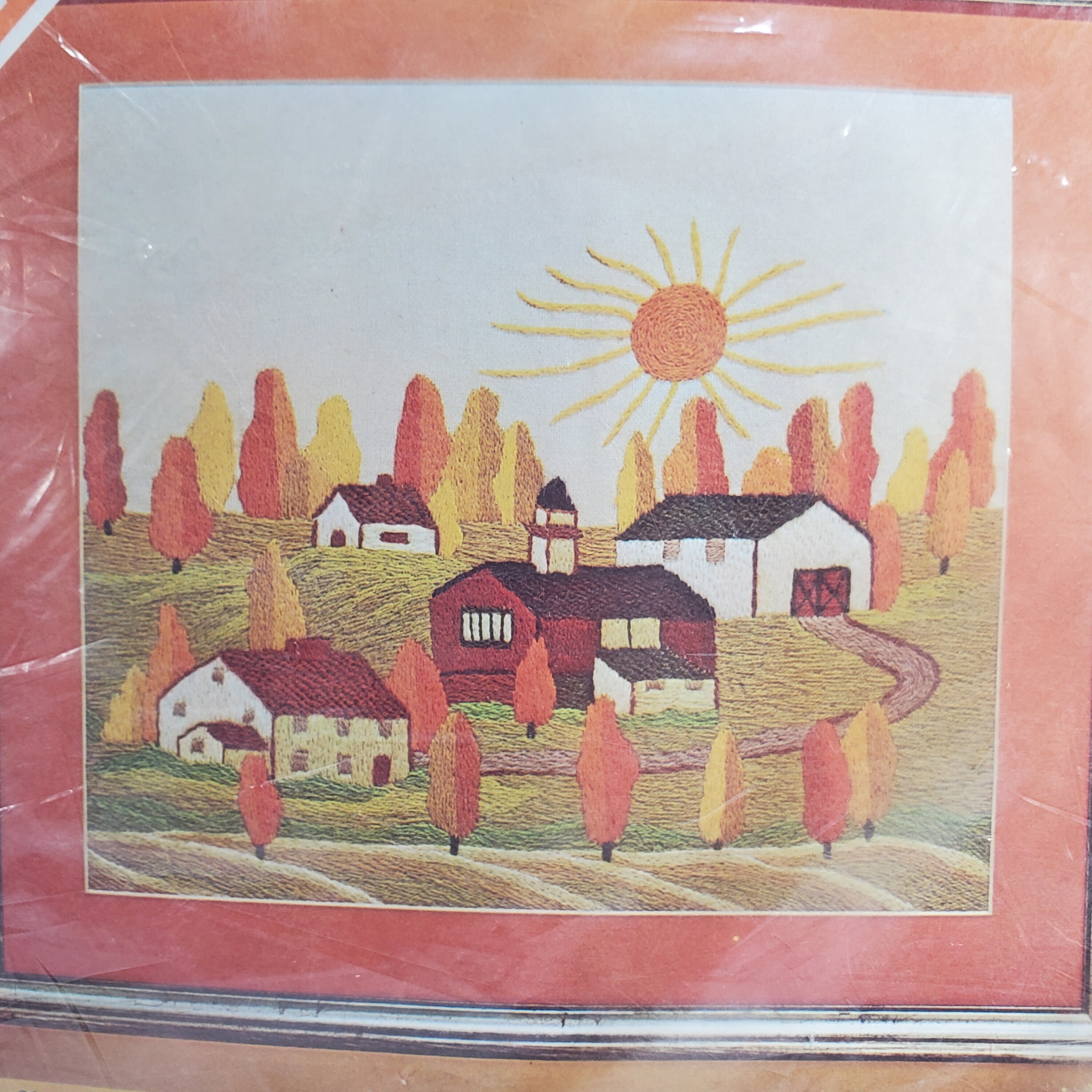 Vintage Crewel Embroidery Kit Spinnerin Stitchery Autumn Sun Designed by Marjorie Gosz Made in USA NOS Fall Landscape Crewel Kit