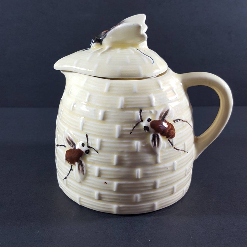 Vintage Beehive Honey Pot With Bumble Bees Pale Yellow Ceramic Etsy
