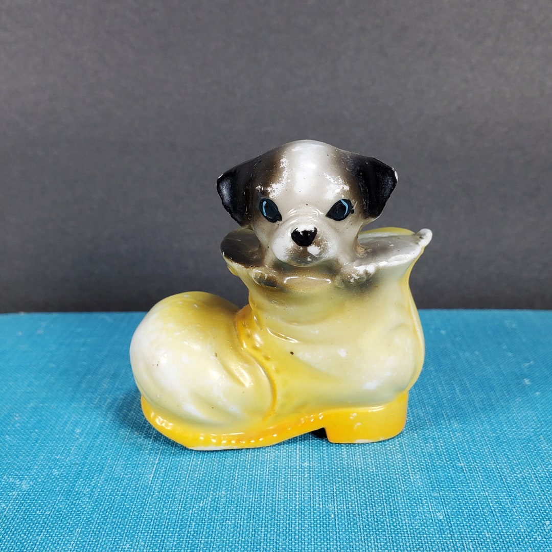 Vintage Dog Figurine Black White Porcelain Puppy Dog in Yellow Shoe