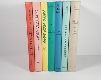 Vintage Rainbow Book Set of 7 Pastel Colored Book Spines Pastel Rainbow Book Stack Red Pink Yellow Green Blue Grey Romance Novel