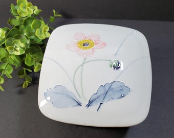 Vintage Floral Trinket Box Jewelry Box Stash Box White Porcelain Box Pink Blue Purple Anemone Flower Box Made in Japan