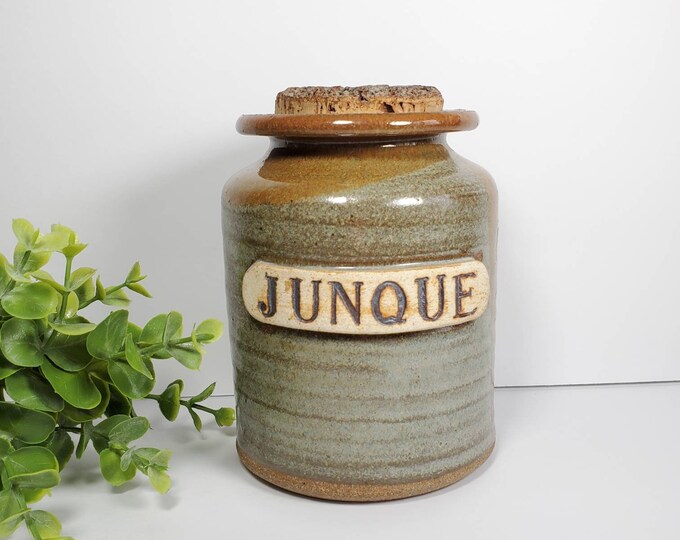 Vintage Pottery Canister Junque Junk Jar Cork Lid Ceramic Storage