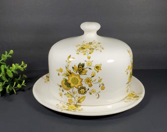 Vintage Cheese Plate and Dome White Ceramic Yellow Green Floral Cheese Dish Flower Covered Cake Plate