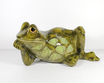 Vintage Frog Statue Green Ceramic Light Up Frog Lamp Gravel Art Seductive Frog Figurine 1970s Decor