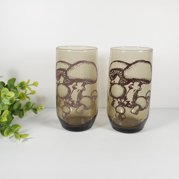 Vintage Mushroom Smoked Glass Tumblers Set of 2 Brown Smoked Drinking Glass Mid Century Barware Brown Mushroom Glasses