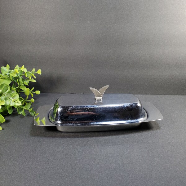 Vintage Chrome Butter Dish With Lid Mid Century Silver Metal Covered Butter Dish Butter Storage MCM Kitchen