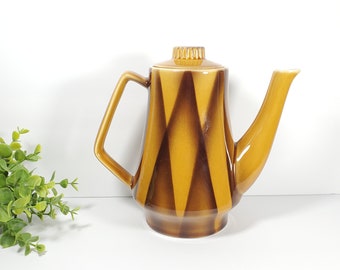 Vintage Mustard Yellow Brown Teapot Melitta Germany Diamond Pattern Ceramic Coffee Pot Teapot Retro Kitchenware MCM Teapot