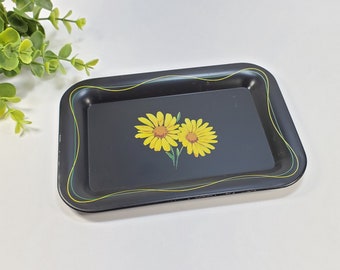 Vintage Floral Tole Tray Small Black Metal Tray Yellow Daisy Flower Decorative Tray Nightstand Vanity Jewelry Tray