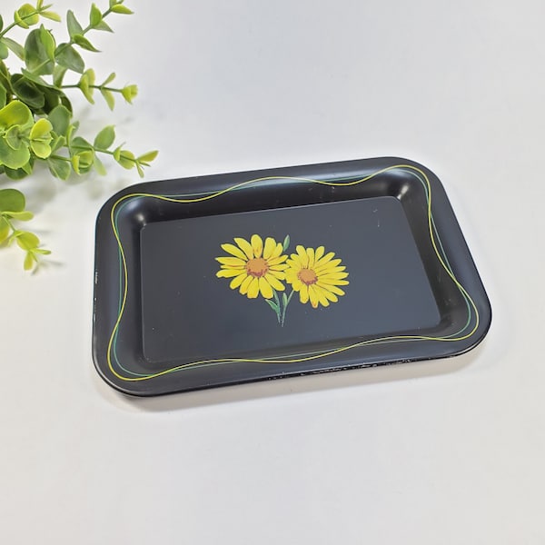 Vintage Floral Tole Tray Small Black Metal Tray Yellow Daisy Flower Decorative Tray Nightstand Vanity Jewelry Tray