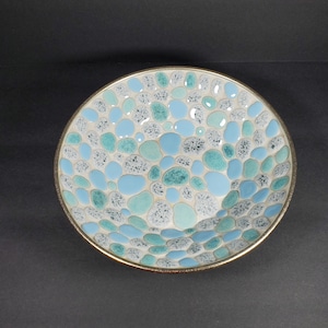 Ciotola decorativa in mosaico vintage, blu, verde acqua, verde menta, bianco e grigio, in piastrelle di ceramica, Catch All MCM Mid Century Decor