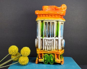 Vintage Chalkware Train Bank Orange Green Train Car Figurine Trolley Car Made in Japan Kitschy Piggy Bank