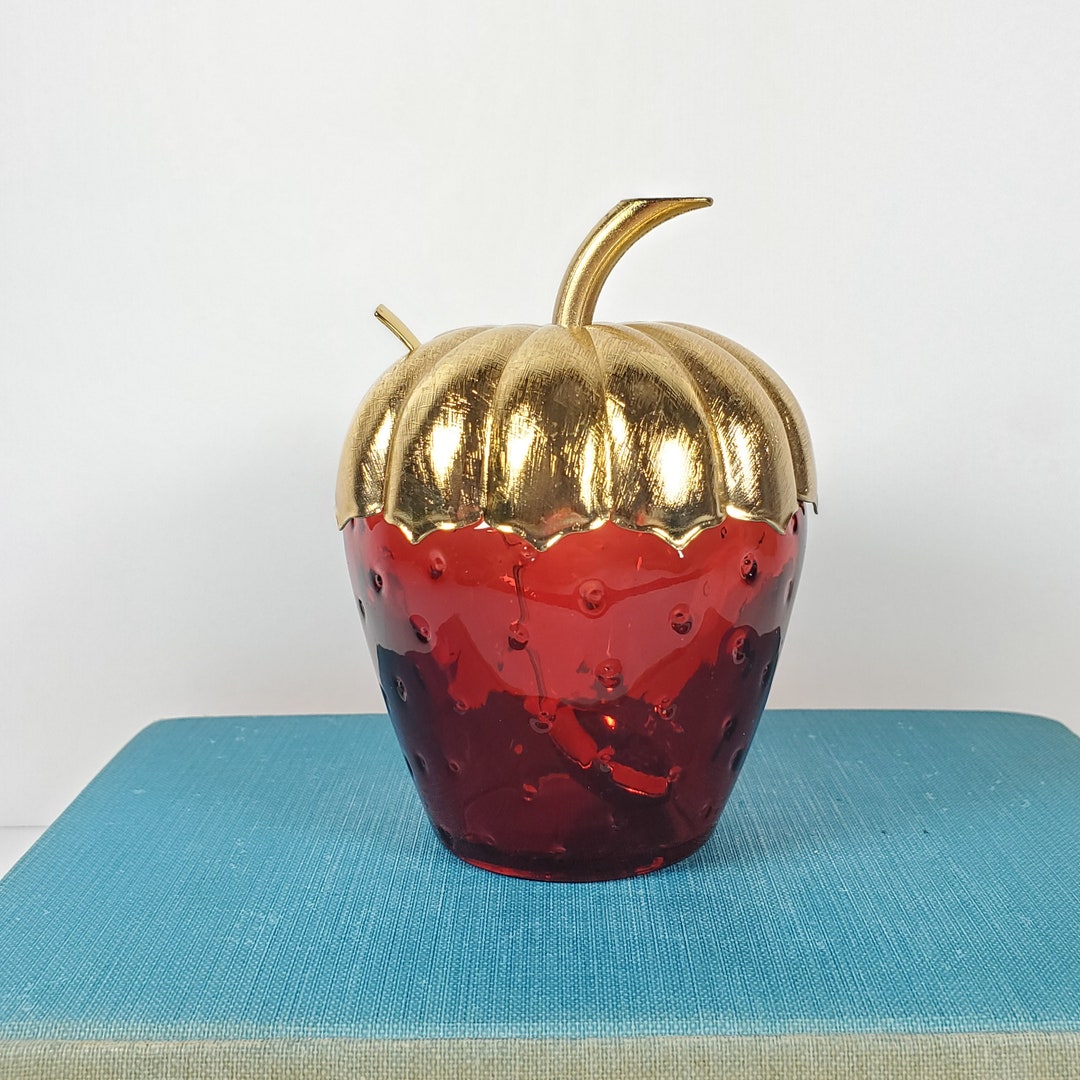 Vintage Strawberry Jam Jelly Jar Red Glass Strawberry Lidded Container