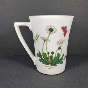 Puede incluir: Taza de cerámica blanca con un diseño floral que presenta margaritas, hojas verdes y mariposas. La taza tiene un asa y dice "Bellis Perennis Daisy" en la parte inferior.