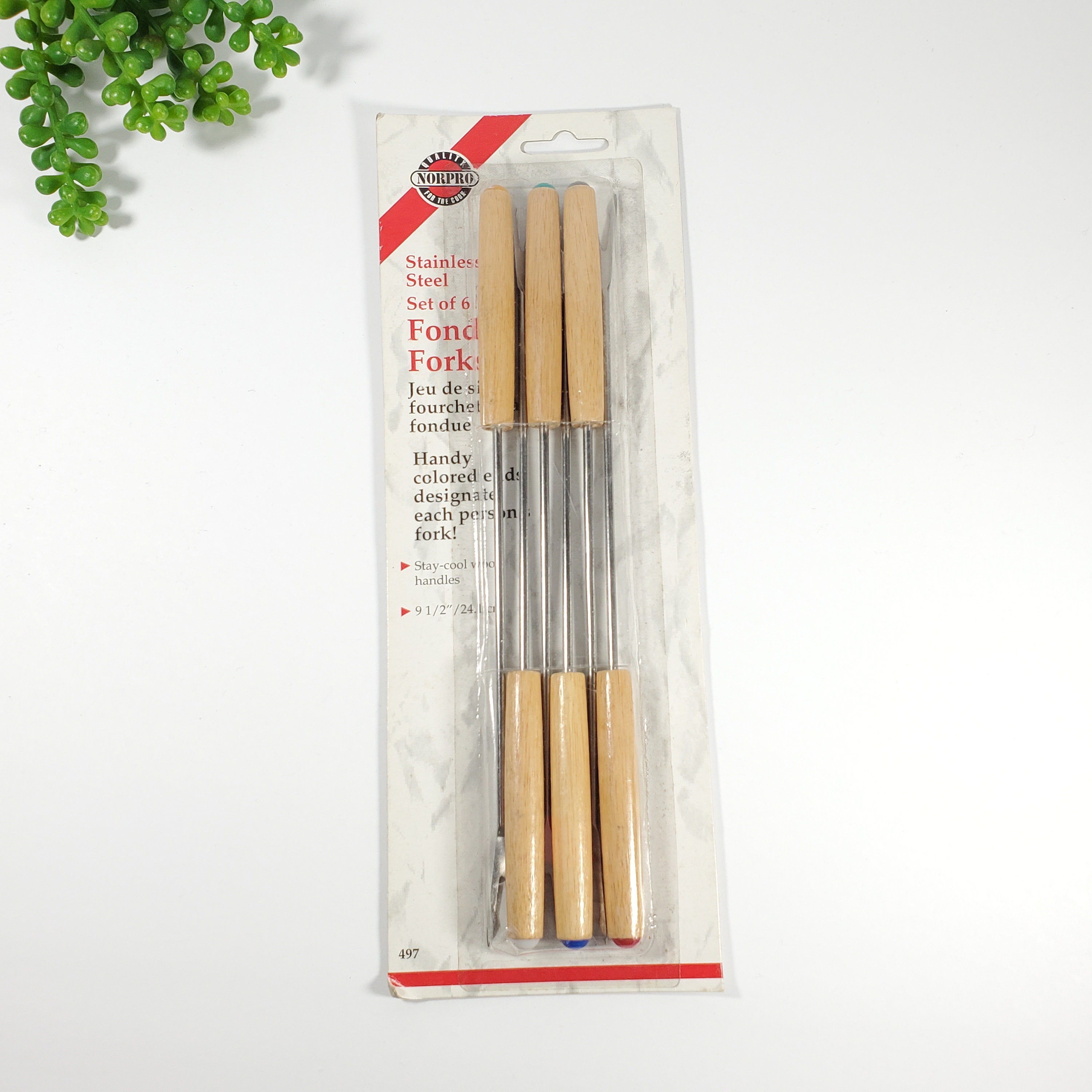 Vintage Fondue Forks Set of 6 Multi Colored Ends Wood Handles Stainless Steel Fondue Appetizer Forks Norpro NOS
