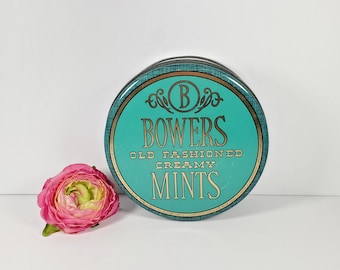 Vintage Bowers Mints Tin: Teal Green & Gold Kitchen Storage
