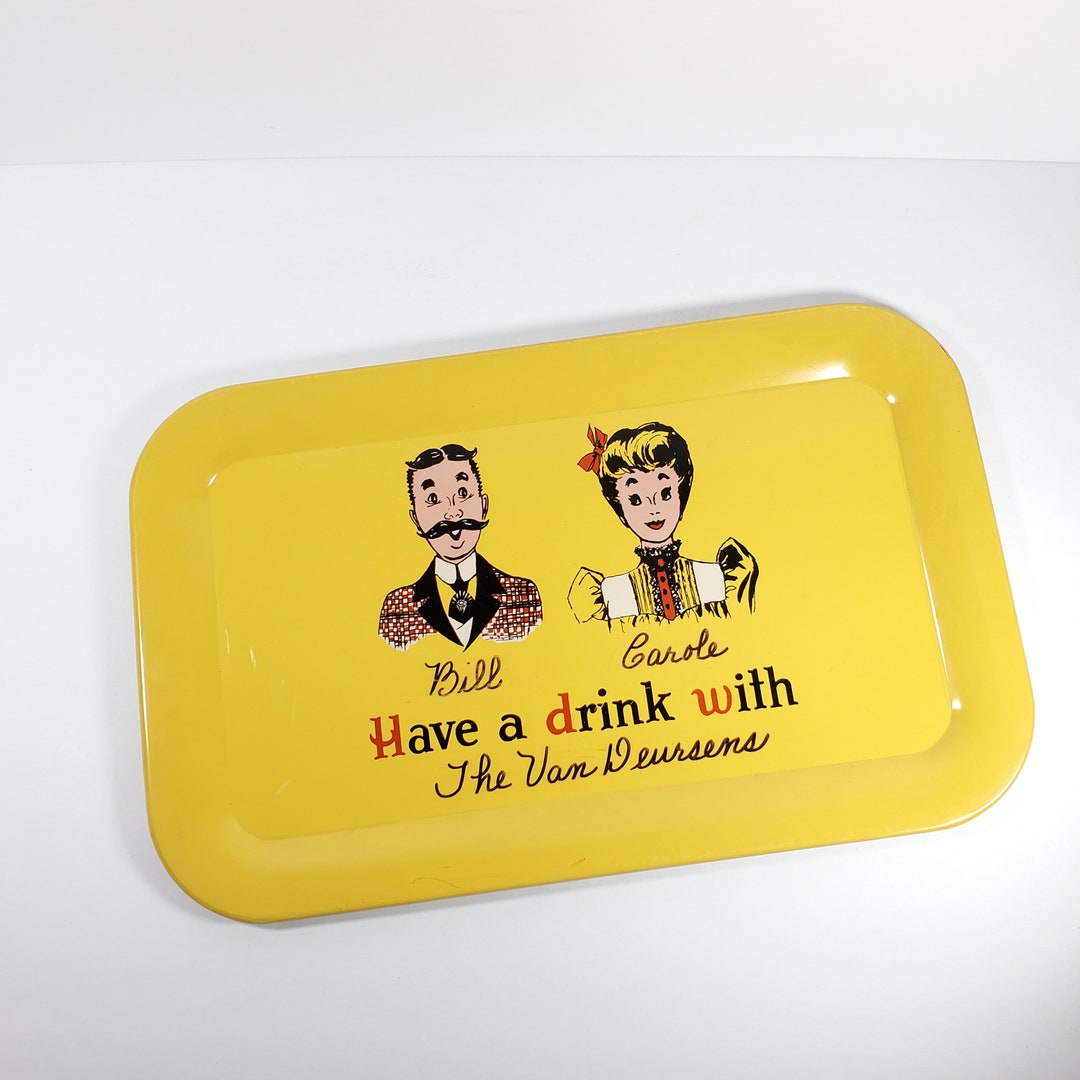 Vintage Bar Tray Yellow Metal Cocktail Drink Tray Have a Drink With