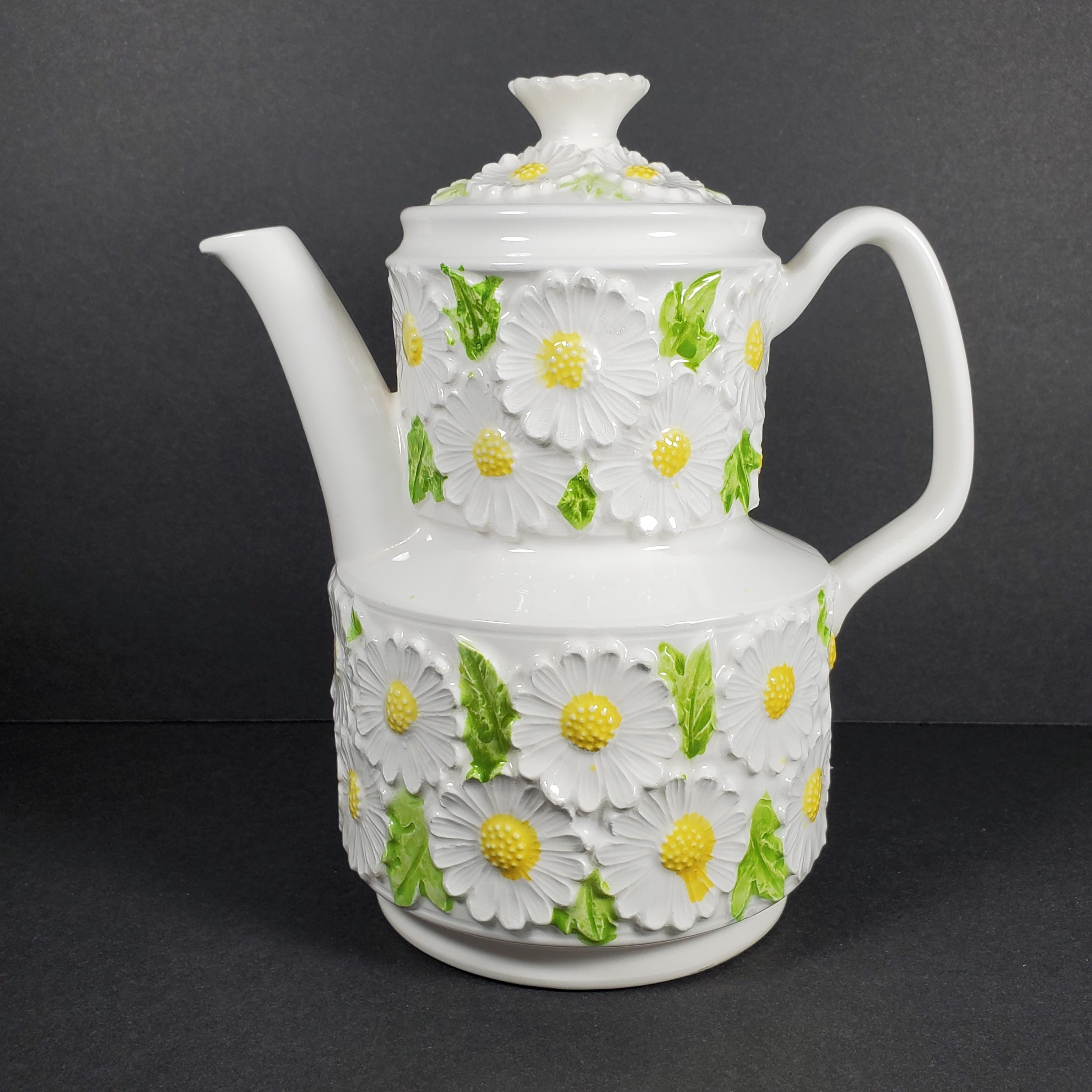 Vintage Daisy Flower Teapot Ceramic Double Decker Floral