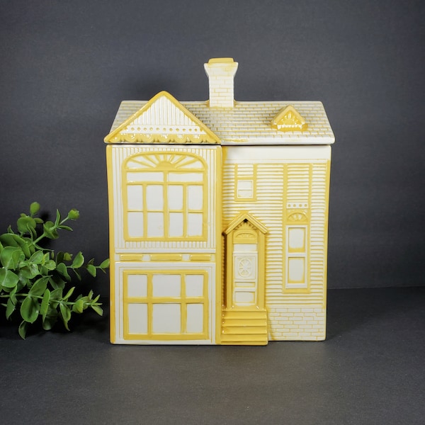 Vintage House Canister Yellow White Ceramic House Cookie Jar Canister Kitchen Storage Yellow Kitchen Decor 1981