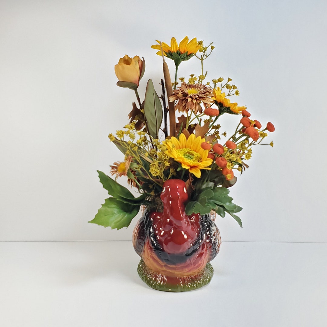 Vintage Turkey Planter Ceramic Turkey Vase With Faux Floral Arrangement