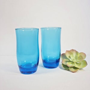 Vintage Aqua Blue Glass Tumblers Set of 2 Water Juice Glass Turquoise Blue Glassware