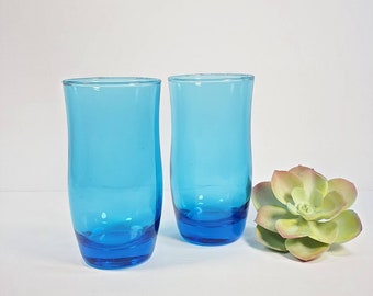 Vintage Aqua Blau Glas Becher Set von 2 Wasser Saft Glas Türkis Blau Glaswaren