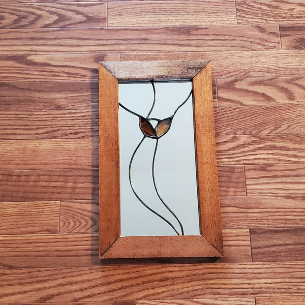 Vintage Stained Glass Mirror Wood Framed Wall Mirror Faux Leaded Glass Brown Stained Glass Wall Hanging Boho Decor Decorative Mirror