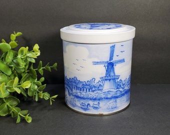 Vintage Blue White Floral Tin Canister Dutch Amsterdam Holland Windmill Canal House Canal Boat Scene Candy Tea Craft Storage Tin