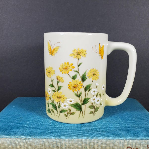 Mug papillon floral Otagiri vintage : tasse à café en céramique marguerite jaune