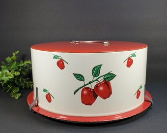 Vintage Cake Carrier Red Apple White Metal Cake Keeper Carrier Storage Retro Fruit Kitchen Decor Cake Pan Decoware