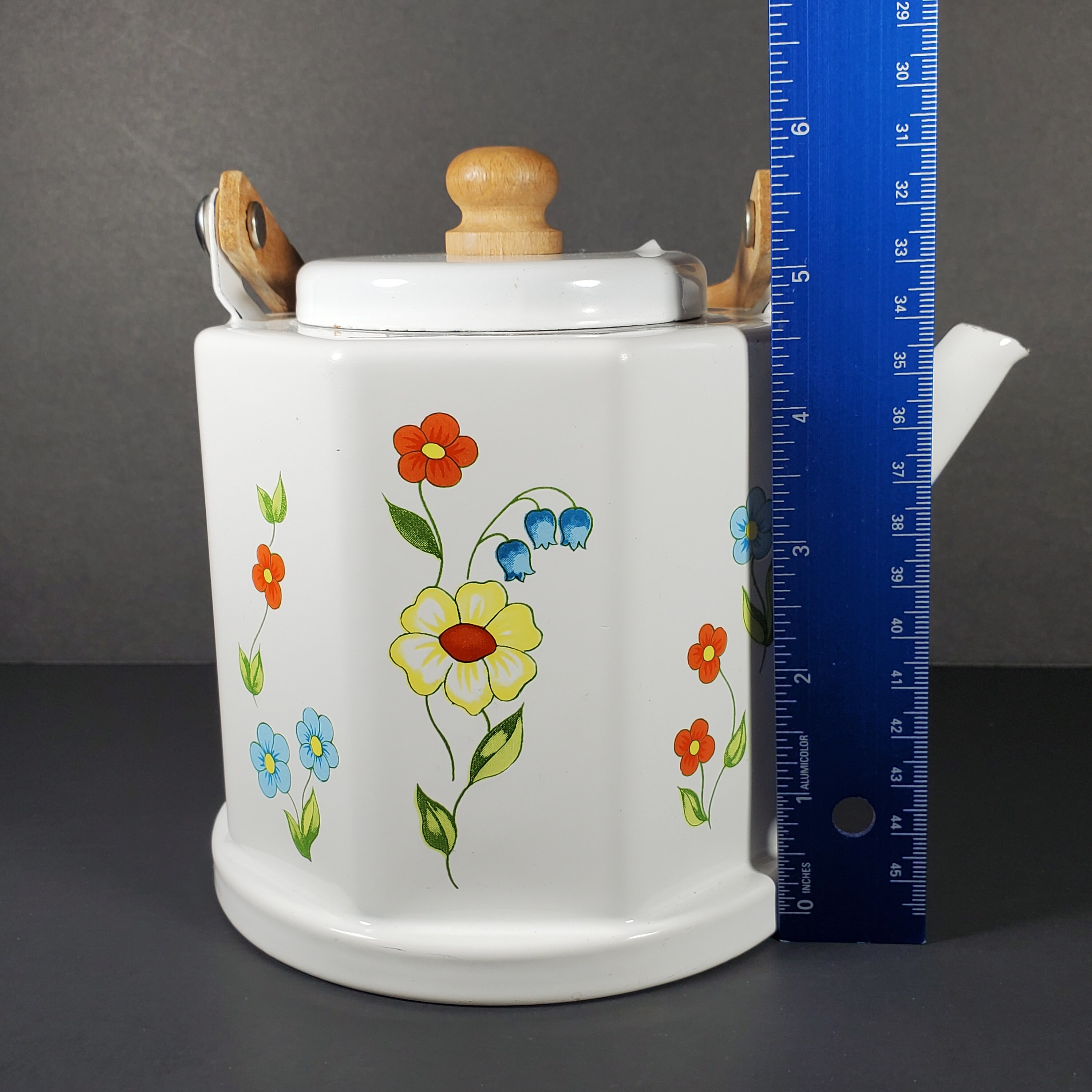 Vintage Floral Teapot White Enamelware Tea Kettle Wood