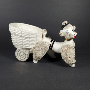 Vintage Poodle Planter White Gold Black Ceramic Spaghetti Poodle Planter Container Poodle Vase Dog Carriage