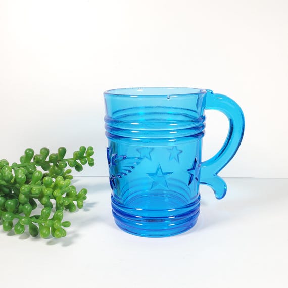 Vintage Blue Glass Mug Eagle Stars Imperial Glass Aqua Mug Americana USA Patriotic Mug
