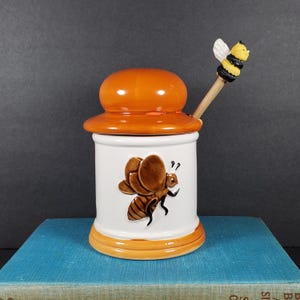 Vintage Honey Pot with Honey Dipper White Brown Ceramic Honey Jar Honey Bee Made in Japan