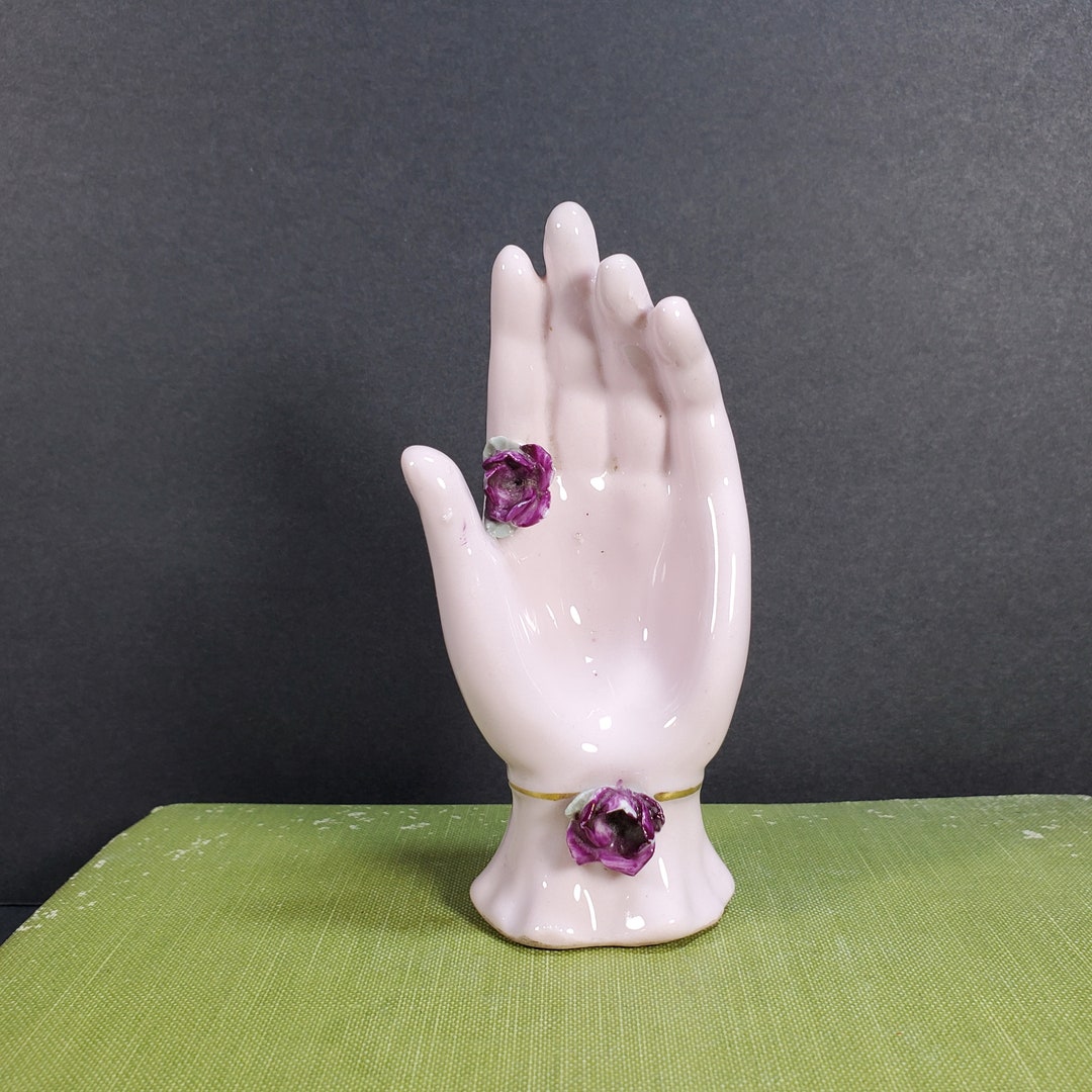 Vintage Hand Figurine Pink Purple Porcelain Hand Ring Holder Floral