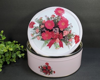 Vintage Floral Tin Pink Gerbera Daisy Flower Candy Tin Canister  Floral Storage Tin Cookie Chocolate Candy Tin