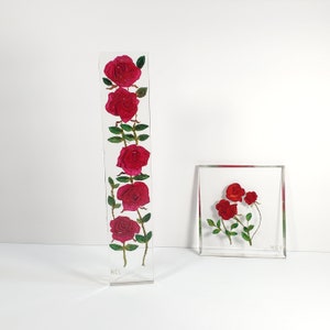 Vintage Floral Lucite Acrylic Plaque Set of 2 Red Pink Rose Figurine Paperweight Red Floral Decor