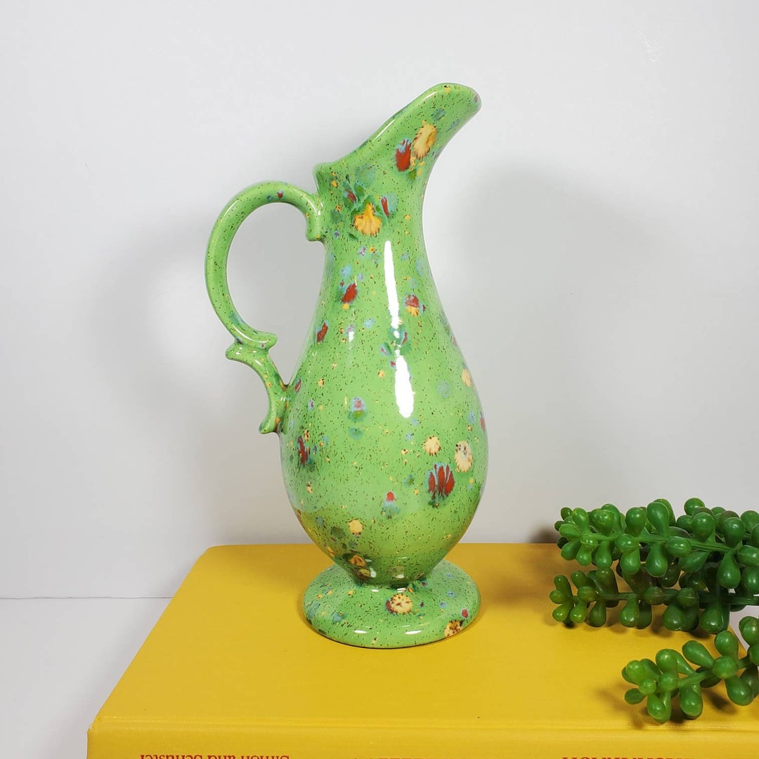 Vintage Green Pitcher Vase Ceramic Colorful Pink Yellow Speckled