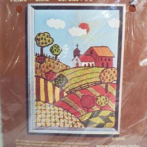 Vintage Crewel Kit Bucilla Mini Stitcheries Shine Patchwork Landscape Scene Sun 1970s NOS Crewel Kit