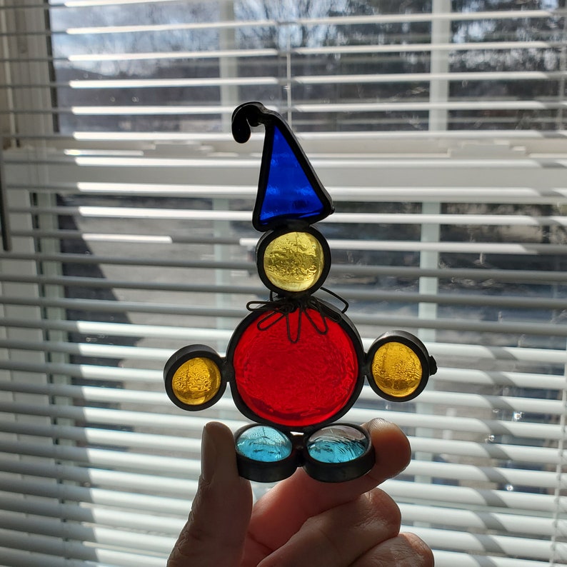 Vintage Clown Figurine Colored Glass Circus Clown Suncatcher Red Blue Stained Glass Clown image 1