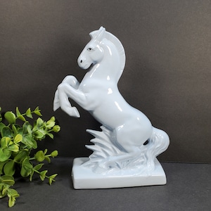 Vintage Horse Figurine Periwinkle Blue Ceramic Rearing Stallion Horse on Base Trojan Horse Made in Czechoslovakia Blue Horse
