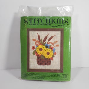 Vintage Floral Crewel Kit Cattails Stitchkins Crewel Kit with Frame 1978 Crewel Kit NOS Mini Fleur Loom Flower Cattail Crewel Embroidery Kit