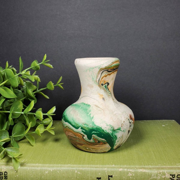 Vintage Nemadji Pottery Bud Vase Green Orange Brown Swirled Marbled Art Pottery Bud Vase