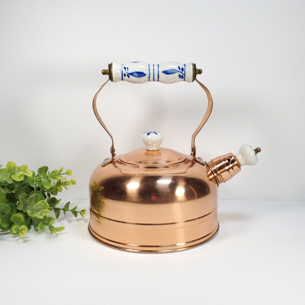Vintage Copper Teapot Tea Kettle Blue White Ceramic Handle and - Etsy