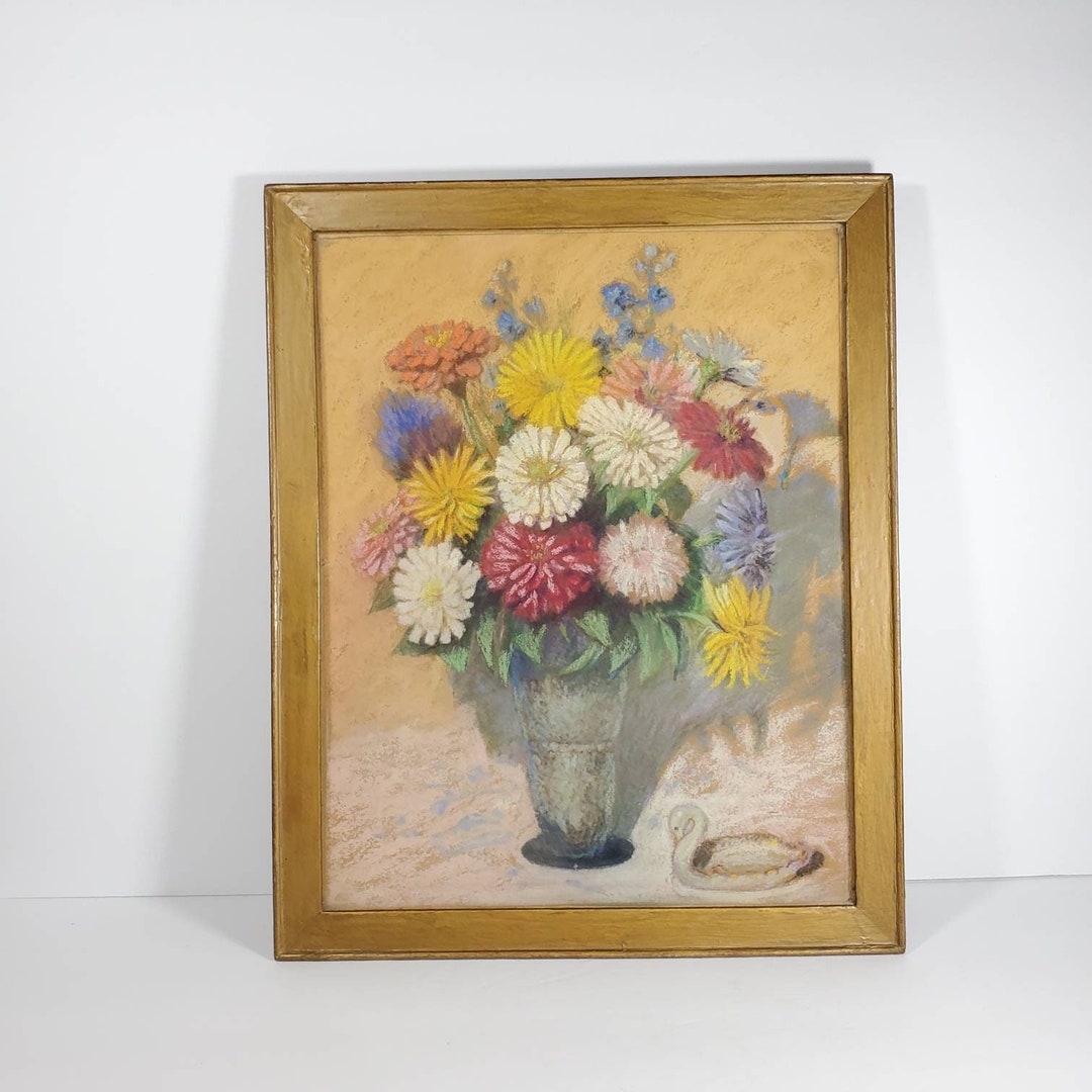 Vintage Floral Painting Pastel Chalk Drawing Gold Framed Etsy