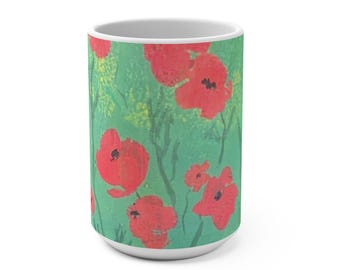 Poppies Mug Painted w Original Art - cozy, rustic, dreamy poppy meadow - 15 oz