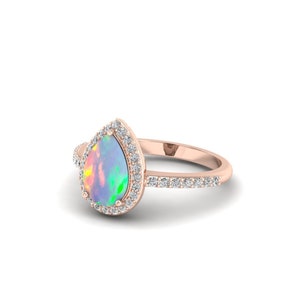 unique Opal Engagement Ring Vintage Engagement Ring Rose Gold Art Deco Pear Shaped Opal Halo Ring Antique Unique Bridal Anniversary Ring