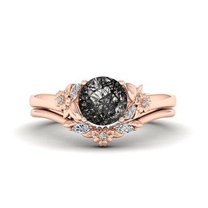 Unique Round Black Rutile Ring Set For Women Black Rutilated Quartz Engagement Ring Nature Inspired Bridal Ring Set Leaf Engagement Ring Set