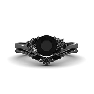 Nature Inspired Black Onyx Engagement Ring Set - Elegant Floral Leaf Black Onyx Engagement Ring -Round Shaped Black Gold Ring set for women