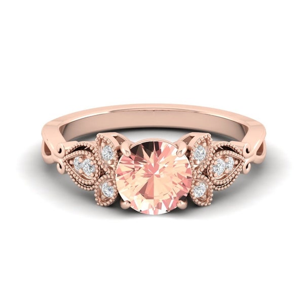 Natural Morganite Engagement Ring: Rose Gold Flower Vine, Vintage Style